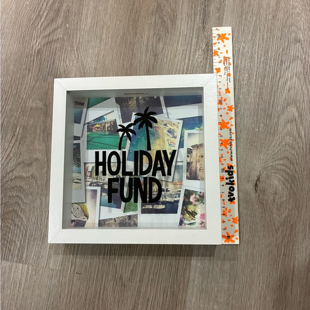 White Holiday Fund Shadow Box with Palm Tree Design